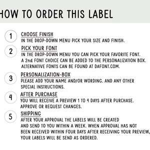 Puede incluir: Una gu&iacute;a de cinco pasos sobre c&oacute;mo pedir una etiqueta personalizada. Los pasos incluyen elegir un acabado, elegir una fuente, agregar personalizaci&oacute;n, aprobar una vista previa y el env&iacute;o.