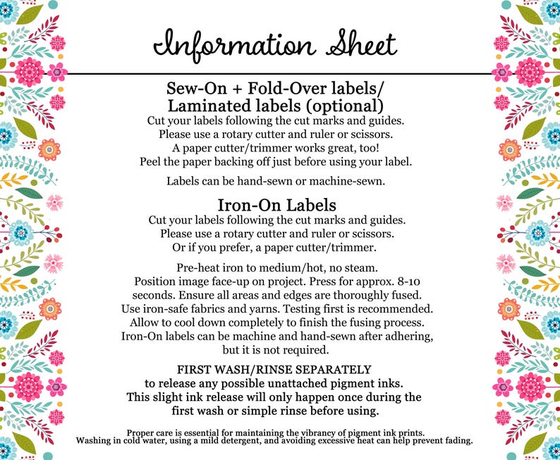 May include: Information sheet with instructions for sewing, ironing, and washing laminated and iron-on labels. The sheet has a floral border and includes the text "Sew-On + Fold-Over labels/ Laminated labels (optional)" and "Iron-On Labels".