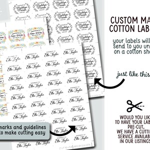 May include: A sheet of white cotton fabric with black text and graphics. The text reads "Handmade by Ella Taylor" and "Madelyn March". The sheet is divided into squares with marks and guidelines to make cutting easy. The image is accompanied by text that reads "Custom Made Cotton Labels" and "Your labels will be sent to you uncut on a cotton sheet just like this".
