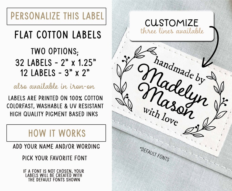 Cotton sewing label, 32 or 12 flat labels, iron-on, sew-on, customize with your text, name tag, blanket, quilt, crochet, personalize, uncut image 2