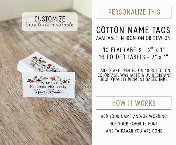 Fabric Sewing Labels, 40x Sew-on, or 16x,fold-over, Iron-on Fabric Sewing Labels, 40x Sew-on, or 16x,fold-over, Iron-on