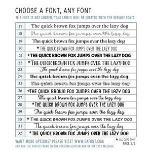 May include: A chart showing different font styles for the phrase "The quick brown fox jumps over the lazy dog". The chart is numbered 17 through 32. The text "Want more options? Please visit www.dafont.com" is at the bottom of the chart. The text "* All Caps Only Page 2/2" is at the bottom right of the chart.