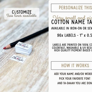 Tiny tags, sewing tags, 1x0.5 96x labels, personalized name label, sew on, iron on, quilt label, to customize, craft tag uncut image 2