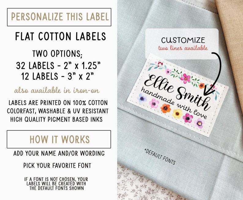 Fabric cotton label, 32 or 12 flat labels, iron on, sew on, Personalized tag, clothing label, fabric tag, sewing label, printed label, uncut image 2
