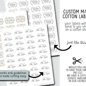 Puede incluir: Una hoja de tela de algod&oacute;n blanco con texto y gr&aacute;ficos negros. El texto dice "Handmade by Ella Taylor" y "Madelyn March". La hoja est&aacute; dividida en cuadrados con marcas y pautas para facilitar el corte. La imagen est&aacute; acompa&ntilde;ada de texto que dice "Etiquetas de algod&oacute;n hechas a medida" y "Tus etiquetas se te enviar&aacute;n sin cortar en una hoja de algod&oacute;n como esta".