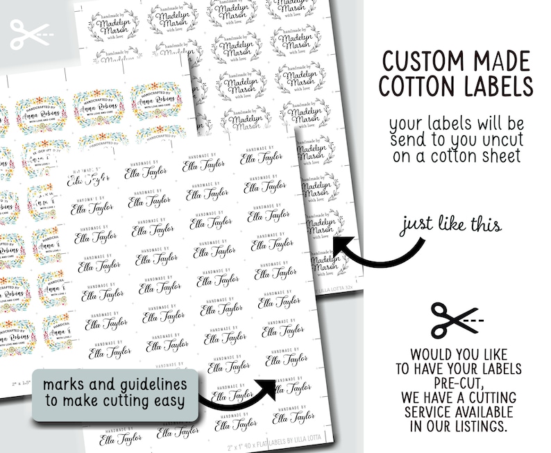 Puede incluir: Una hoja de tela de algod&oacute;n blanco con texto y gr&aacute;ficos negros. El texto dice "Handmade by Ella Taylor" y "Madelyn March". La hoja est&aacute; dividida en cuadrados con marcas y pautas para facilitar el corte. La imagen est&aacute; acompa&ntilde;ada de texto que dice "Etiquetas de algod&oacute;n hechas a medida" y "Tus etiquetas se te enviar&aacute;n sin cortar en una hoja de algod&oacute;n como esta".