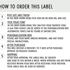 May include: A five-step guide on how to order a custom label. The steps include picking the size and finish, choosing a font, adding personalisation, receiving a preview, and shipping.