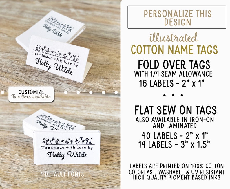 Fabric sewing labels, 40x sew-on, or 16x,fold-over, iron-on, cotton, to personalize, customize, blanket tag, quilt label, name tag, uncut image 2