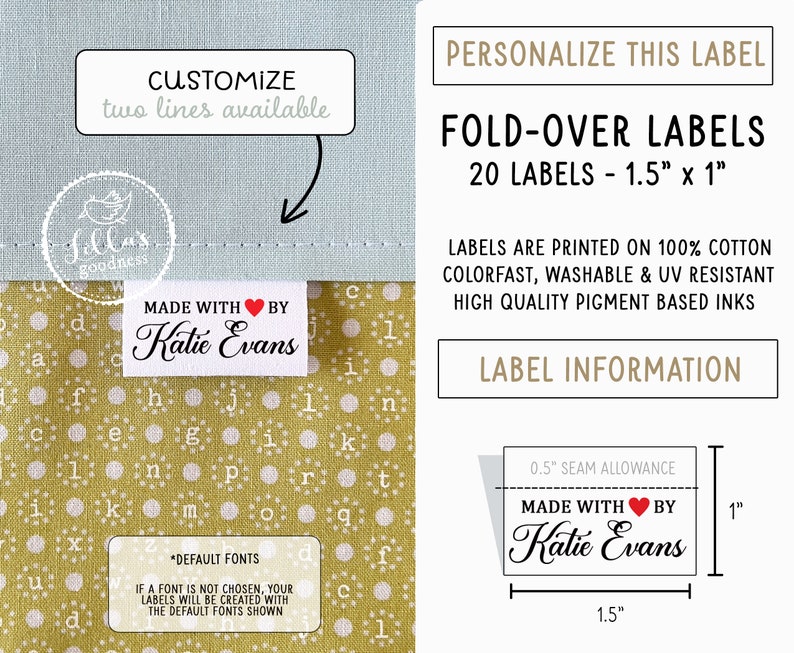 Fabric sewing tags, 20x labels, 1.5x1 fold-over, cotton label, personalize with text, customize label, clothing tag, name tag, uncut image 2