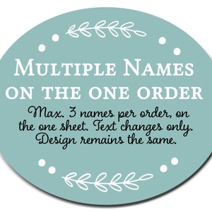 Puede incluir: Una pegatina ovalada azul claro con texto blanco que dice "MULTIPLE NAMES ON THE ONE ORDER Max. 3 names per order, on the one sheet. Text changes only. Design remains the same." La pegatina tiene puntos blancos y diseños de hojas blancas alrededor de los bordes.