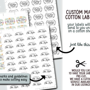 Puede incluir: Una hoja de tela de algod&oacute;n blanco con texto y gr&aacute;ficos negros. El texto dice "Handmade by Ella Taylor" y "Madelyn March". La hoja est&aacute; dividida en cuadrados con marcas y pautas para facilitar el corte. La imagen est&aacute; acompa&ntilde;ada de texto que dice "Etiquetas de algod&oacute;n hechas a medida" y "Tus etiquetas se te enviar&aacute;n sin cortar en una hoja de algod&oacute;n como esta".