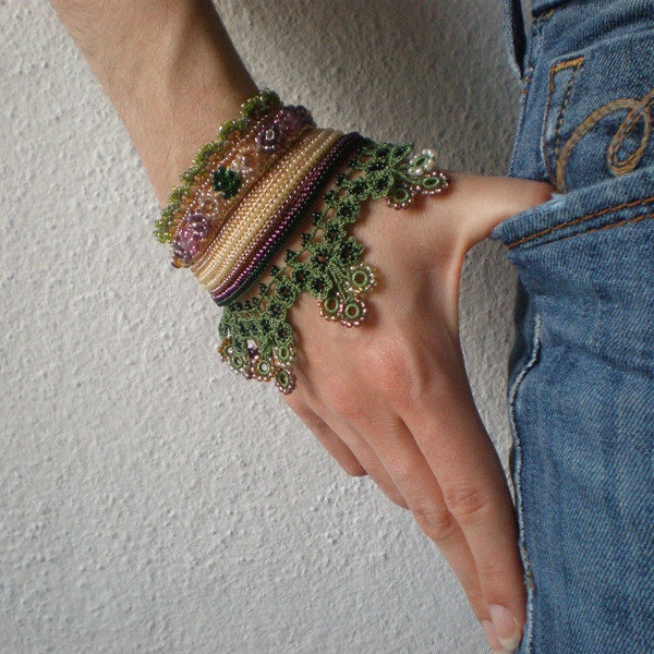 Fuchsia Colensoi   ... Beaded Crochet Cuff - Cream Beige Pink Plum Green - Flowers - Beadwork Statement Cuff