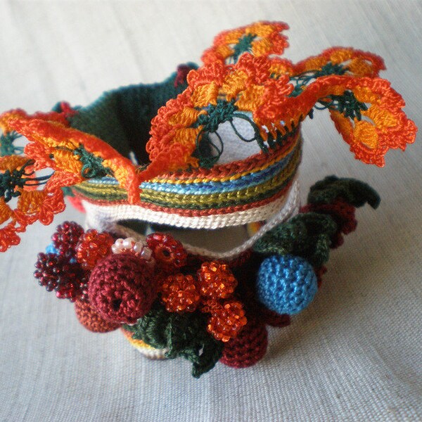 Ilex Verticillata   ... Freeform Crochet Cuff - Flowers -  Orange Red Burgundy Cream Green Brown