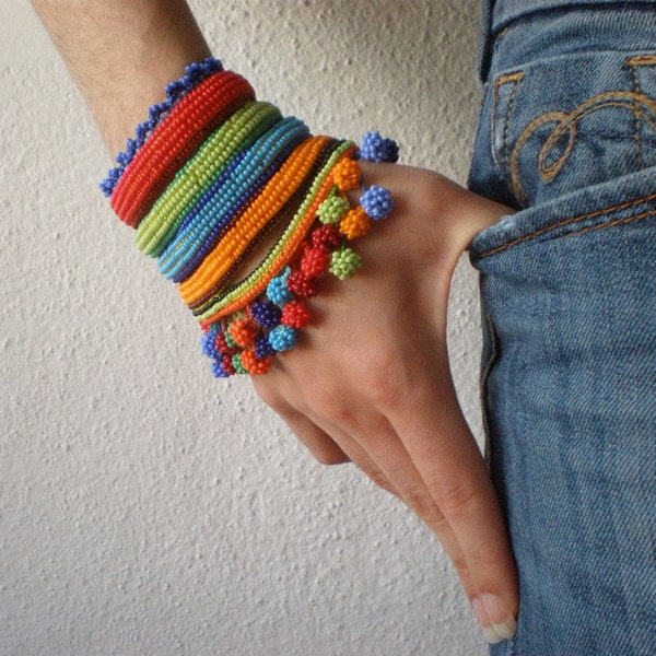 Cronian  ... Freeform Crochet Cuff  -  Red Green Orange Blue Indigo - Rainbow - Beaded Beadwork