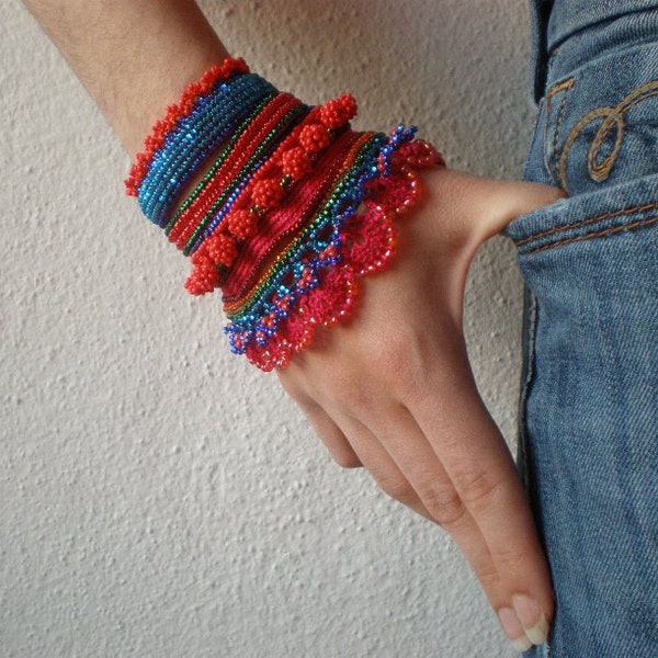 Gladiolus Communis ... Freeform Crochet Cuff - Flowers -  Magenta Red Blue Indigo