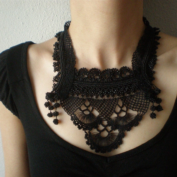 Black Lace - Scales... Beaded Crochet Necklace - Black Statement Necklace ---- RESERVED