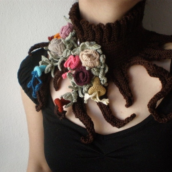 Elan - Spring Bloom ... Knitted Neckwarmer \/ Scarflette - Chocolate Brown - Colorful Flowers