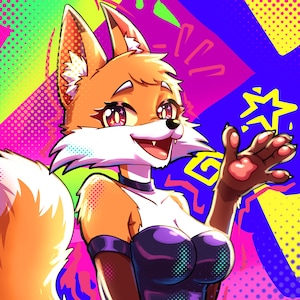 May include: Digital illustration of a fox-like character with orange fur, white accents, and a purple dress. The character is smiling and waving, set against a vibrant, abstract background with neon colors and geometric shapes.
