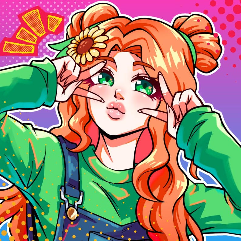 May include: An anime-style illustration of a person with red hair, green eyes, and a sunflower in their hair. They are wearing a green shirt and blue overalls, making a peace sign with their fingers. The background is a gradient of pink and purple.
