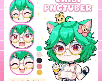 May include: A digital character sheet featuring a chibi PNGtuber with bright green hair, cat ears, and round glasses. The character wears a white and blue outfit with gold accents. Includes three circular facial expressions and a color palette.
