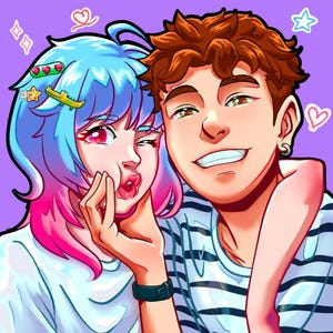 May include: Digital illustration of a smiling couple. The woman has blue and pink hair, and the man has brown hair. The woman is wearing a white shirt and the man is wearing a striped shirt. The background is purple with hearts and stars.