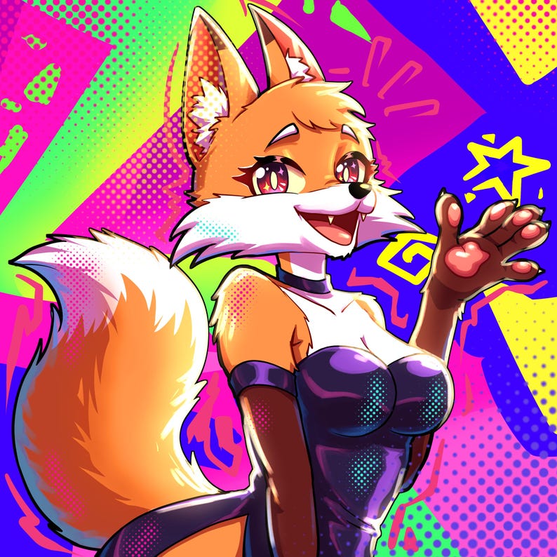 May include: Digital illustration of a fox-like character with orange fur, white accents, and a purple dress. The character is smiling and waving, set against a vibrant, abstract background with neon colors and geometric shapes.