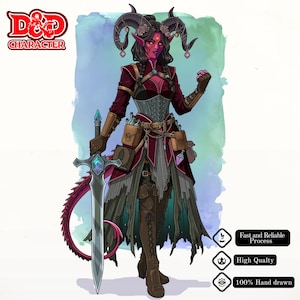 Puede incluir: Una ilustración digital de un personaje de D&D con piel roja, cuernos grandes y cabello oscuro, vistiendo un atuendo granate y negro con corsé, bolsas de cinturón y una espada larga. Texto: D&D CHARACTER, Fast and Reliable Process, High Qualty, 100% Hand drawn.