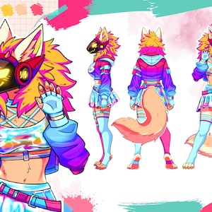 May include: A digital character reference sheet featuring a figure with a black robotic visor, yellow glowing eyes, and vibrant pink and yellow fur. The character wears a cropped jacket, a metallic pleated skirt, and mismatched leg warmers.
