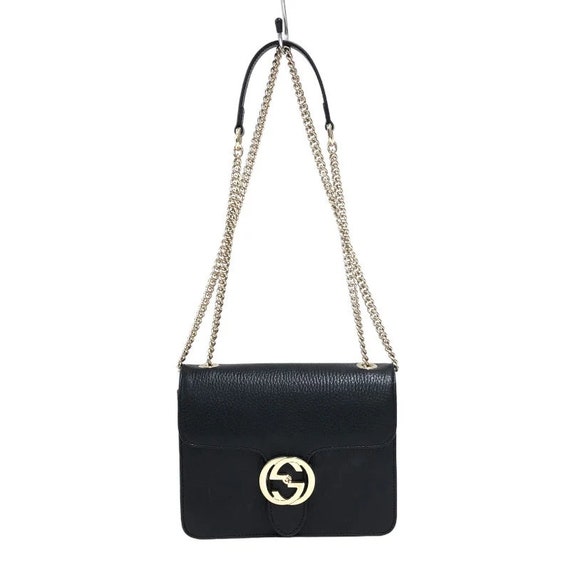 Gucci Interlocking G Chain Shoulder Bag Black Leat
