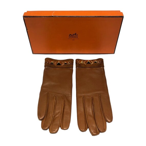 HERMES Medor Decorated Leather Gloves Brown Leathe
