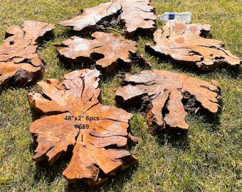 May include: Six irregularly shaped, natural wood slabs with a rough, textured surface. The slabs are a warm brown color and appear to be cut from tree trunks. The text on the image reads "48"x2" 6pcs #689". The slabs are arranged on a bed of green grass.