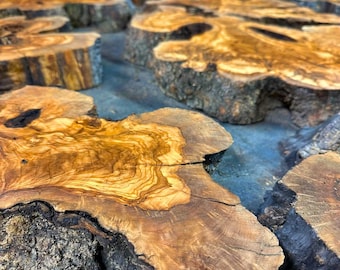 Puede incluir: Varias rodajas de madera de olivo irregulares con patrones de veta naturales, tonos marrón dorado cálidos y bordes de corteza oscura y rugosa. Cada pieza muestra formas orgánicas únicas con anillos de crecimiento visibles.