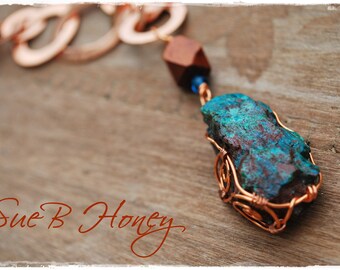 Natural, raw turquoise necklace, copper wire-wrapped with circle copper and leather strap