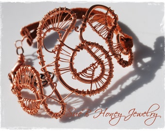 Copper Wire-Wrapped Statement Bracelet with leather strap