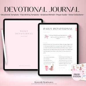 Pode incluir: Um planejador digital rosa com o texto "Daily Devotional Journal" na capa. O planejador está aberto em uma página com uma entrada devocional e uma seção para escrever. A imagem também inclui um pacote de adesivos grátis com um design rosa e branco.