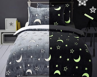 Moons & Stars Glow In The Dark Grey Kids Boys Girls Grey Reverse Soft Feel Fleece Duvet Cover Quilt Bedding Set with Pillowcases