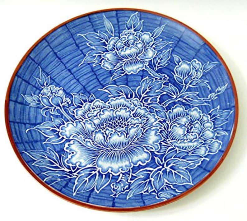 Vintage Blue Chrysanthemum Flower Plate or Bowl with White Details Japan Brown Rim 14 In. Wide image 1