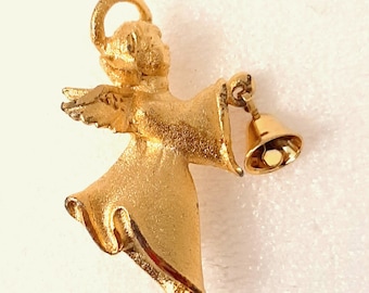 Vintage Robyn Rush Angel with Halo Pin Brooch with Dangling Moving Bell Gold Tone