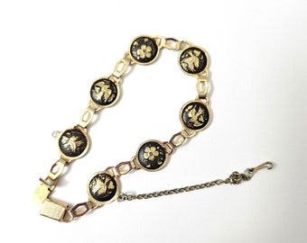 Vintage Damascene Bracelet 7 Round Discs of Birds, Flowers and Leaves