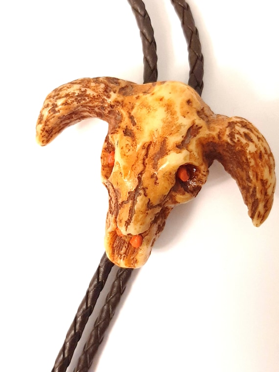 Vintage Steer Skull Head Bolo Tie Brown Off White… - image 1