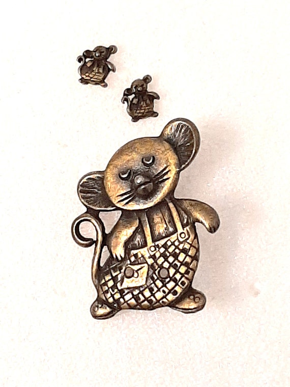 Vintage Torino Pewter Mouse Brooch Pin with Attac… - image 4