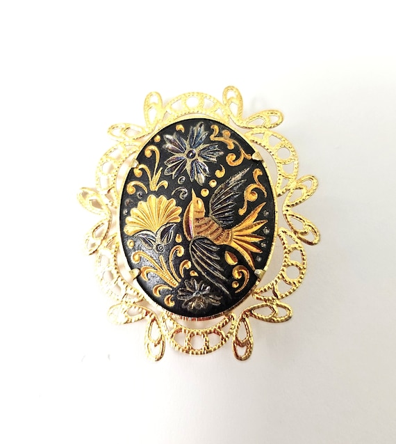 Vintage Damascene Oval Pin or Brooch of a Bird, Fl