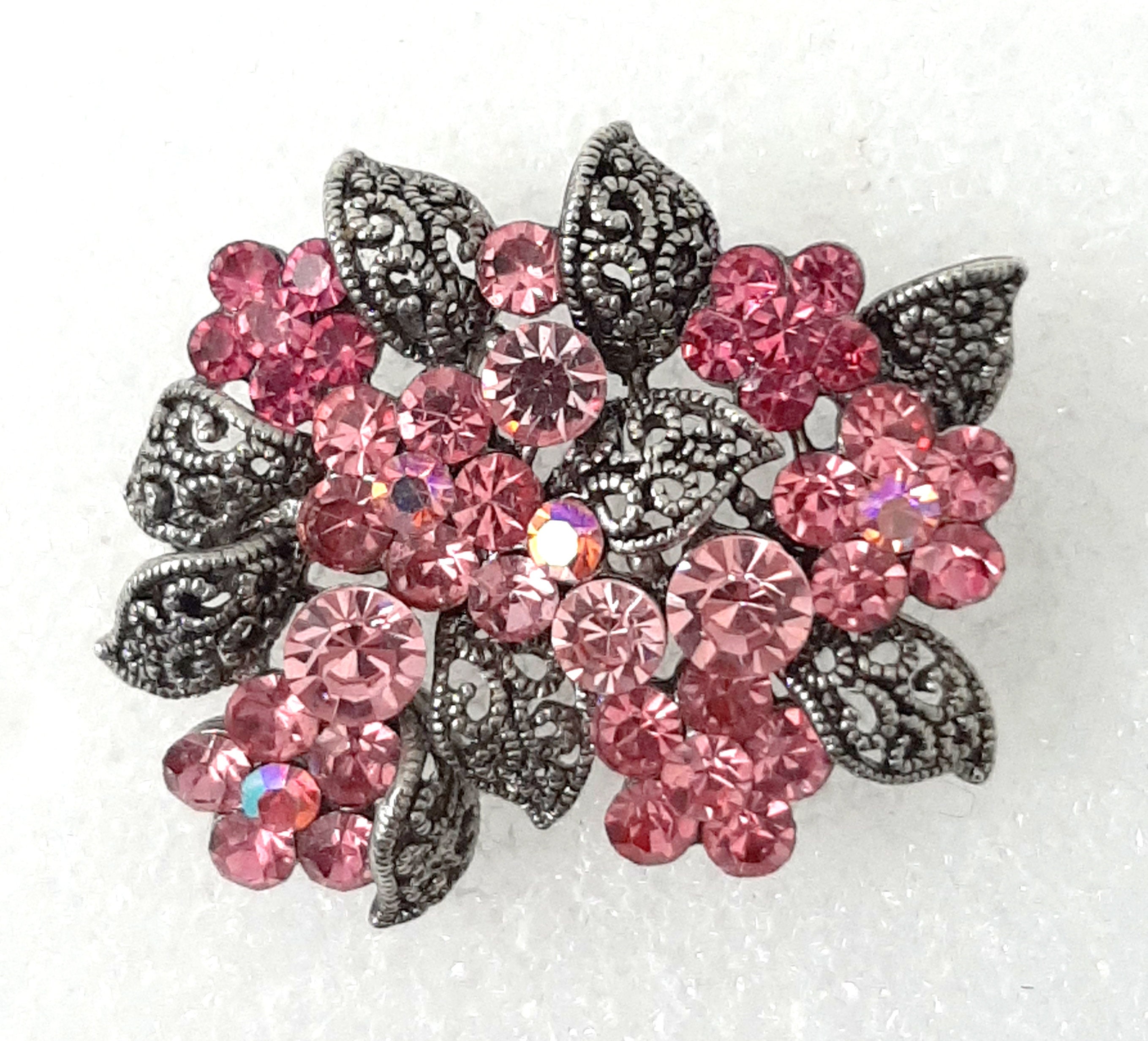 Vintage Pink Rhinestone Flower Brooch Pin Silver Tone Filigree Leaves