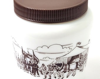 Vintage Milk Glass Jar and Lid White With Brown Colonial Canada Festival Parade Scenes