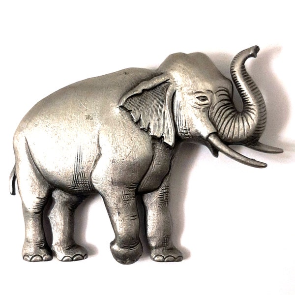 JJ Jonette Elephant Brooch Pin Signed Pewter Trunk Up for Good Luck