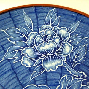 Vintage Blue Chrysanthemum Flower Plate or Bowl with White Details Japan Brown Rim 14 In. Wide image 2