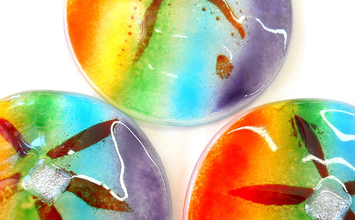 Set of 3 Oregon Studio Created Fused Glass Rainbow Sand Etsy