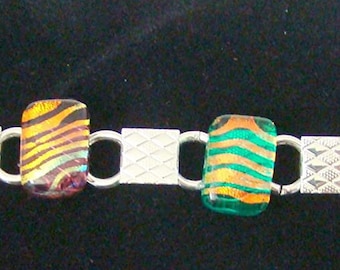 New Dichroic Glass Zebra Patterned Bracelet on Sterling Silver Links Oregon Made