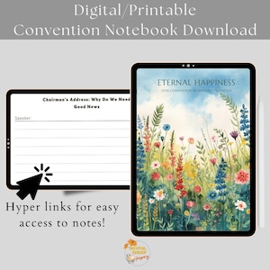 May include: Digital convention notebook download with the text "Eternal Happiness" and "2026 Convention of Jehovah's Witnesses." The notebook features a floral design and the text "Chairman's Address: Why Do We Need Good News."