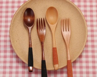 Portable Wooden Dinnerware Sets High Quality Handmade Cereal Spoon Durable Fork For Eating And